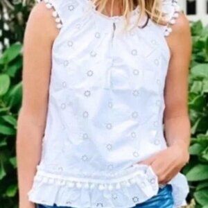 NWT J. Crew eyelet pom-pom top blouse shirt white cotton poplin Sz small